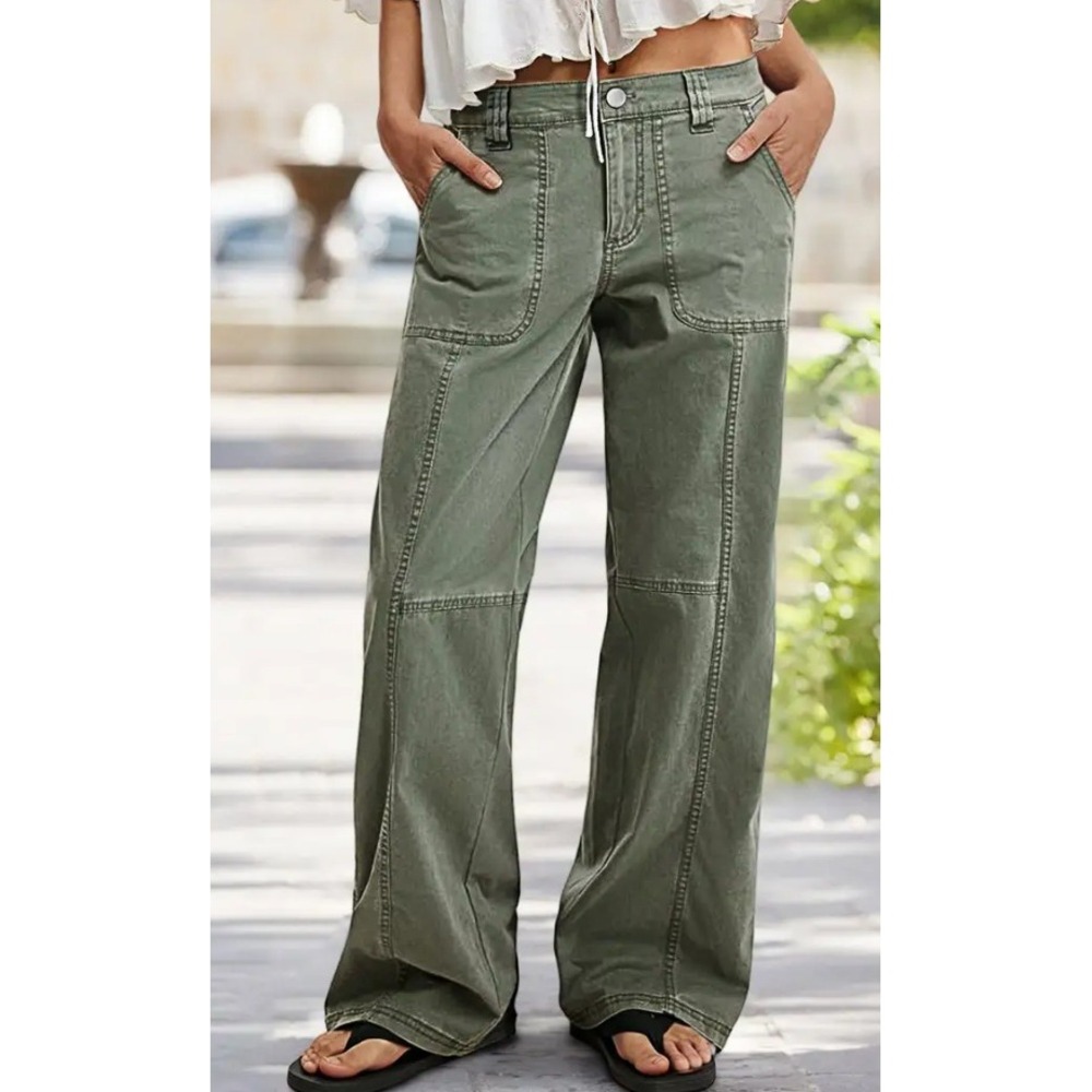 Flamingals Solid Seam Front Mid Rise Wide Leg Pants Olive Green XS 273534 HYL